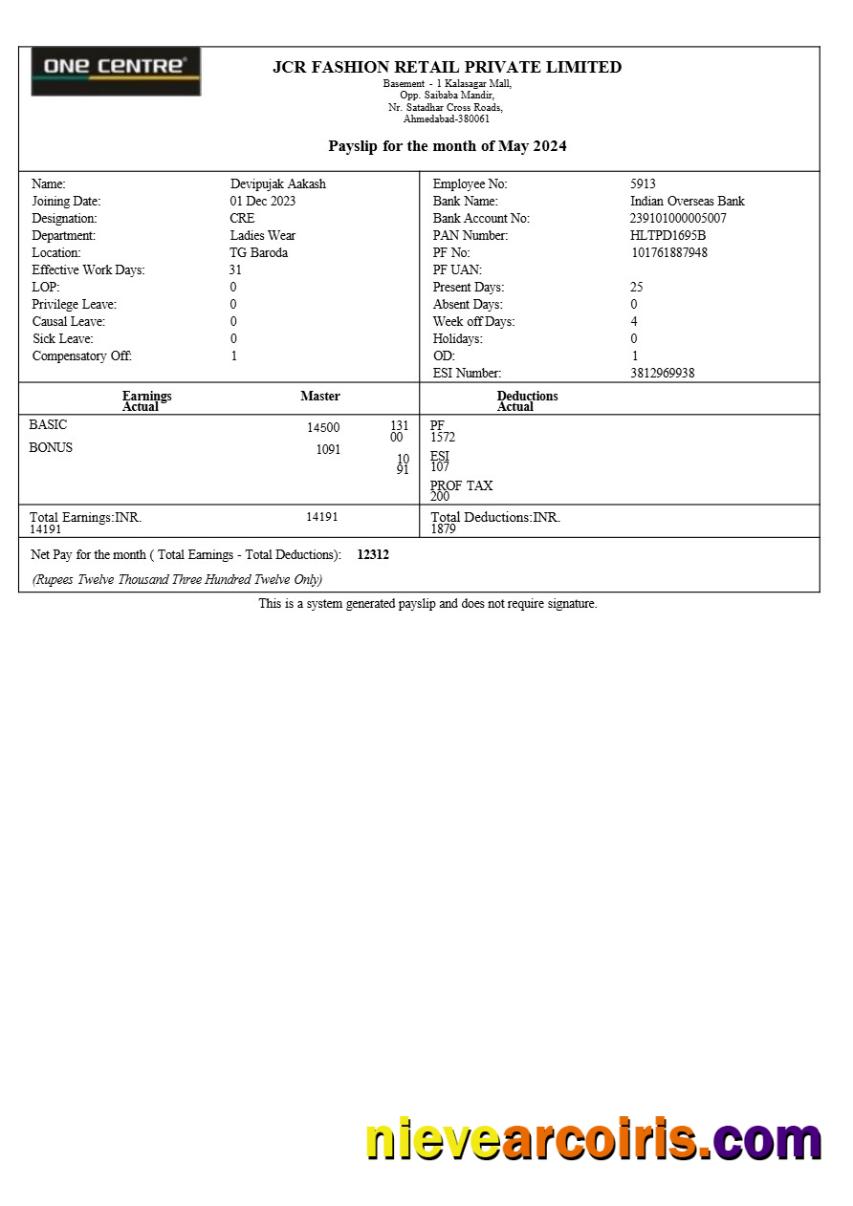 JCR Fashion Retail payslip